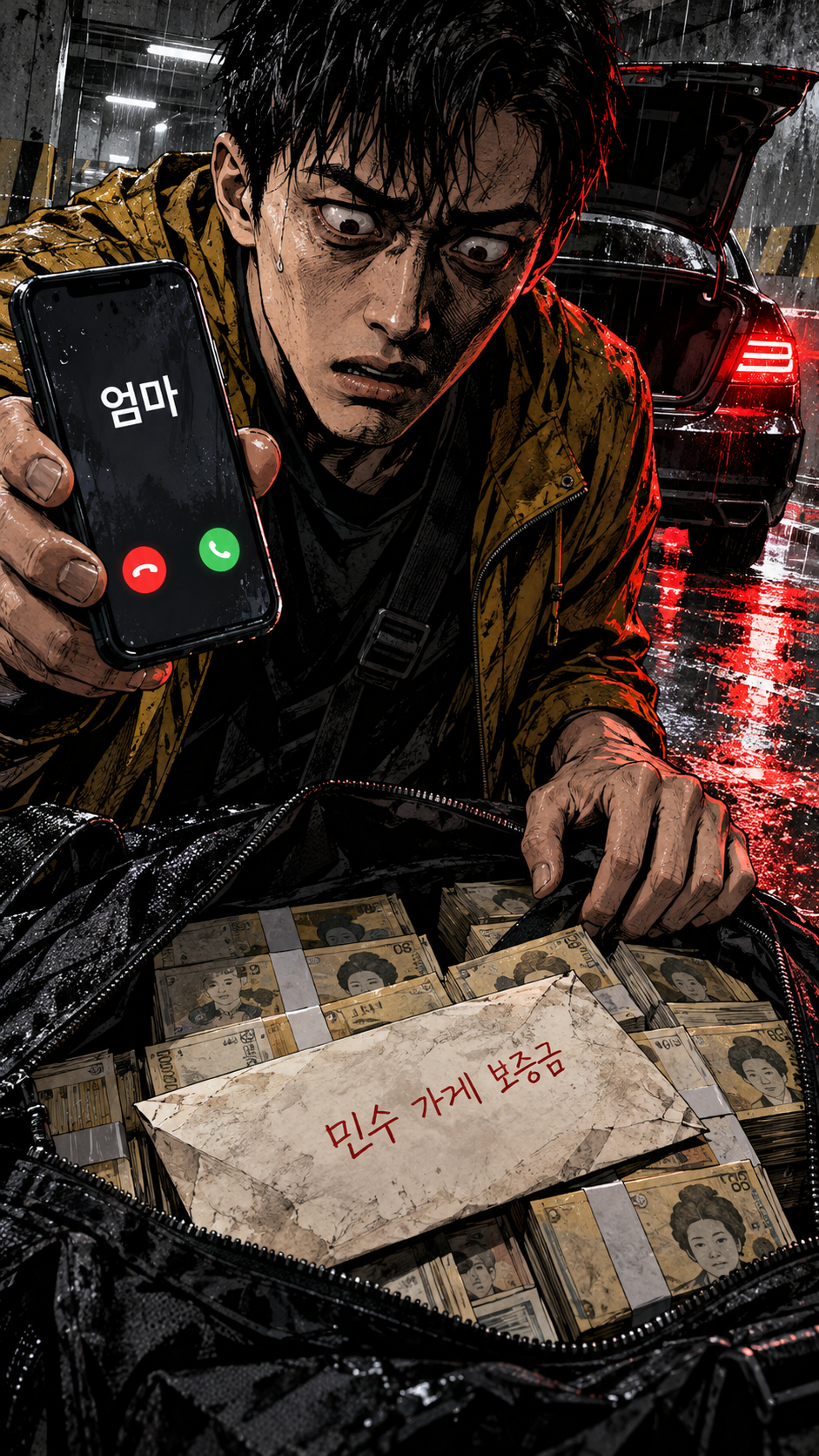 엄마에게 전화가 온 민수가 돈봉투를 발견한 범죄극 첫 장면